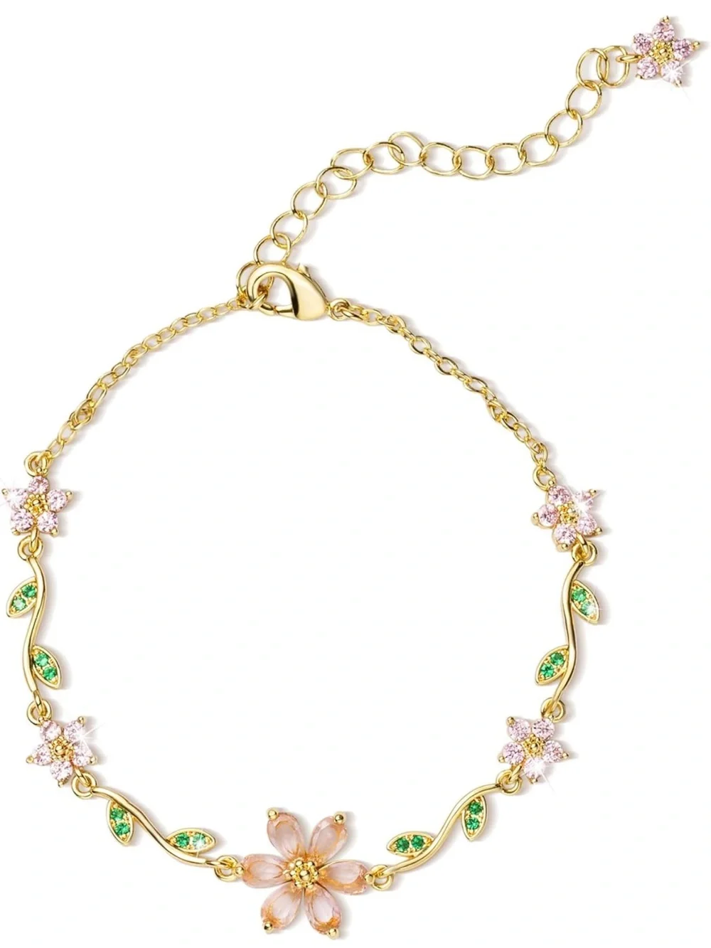 Anthropologie Gold Pink Green Floral Bracelet